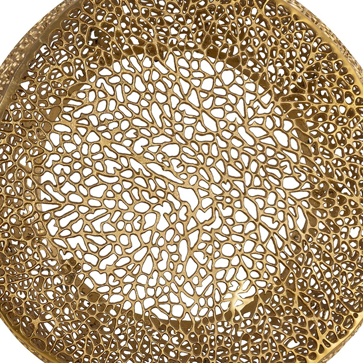 Round coffee table with gold aluminum frame and intricate openwork lattice top by HouseOfZazla on Tampa Home & Garden Store