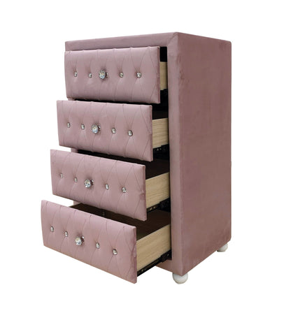 Reggie Pink Velvet Accent Chest by HouseOfZazla with tufted drawers and crystal knobs on Tampa Home & Garden Store