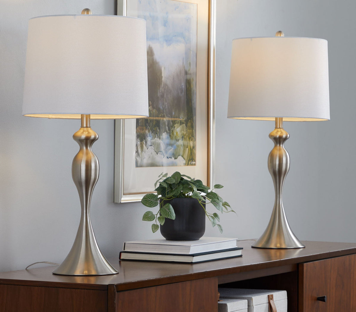 Ashland Contemporary Table Lamp set of 2 with brushed metal bases and gray fabric shades on Tampa Home & Garden Store