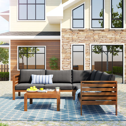 Wood Structure Outdoor Sofa Set with Gray Cushions on wooden patio with coffee tables on Tampa Home & Garden Store