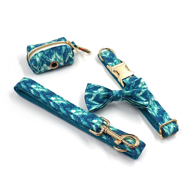 Pet Zen teal tie-dye dog collar leash bow knot garbage bag set, 3-piece with gold hardware on Tampa Home & Garden Store