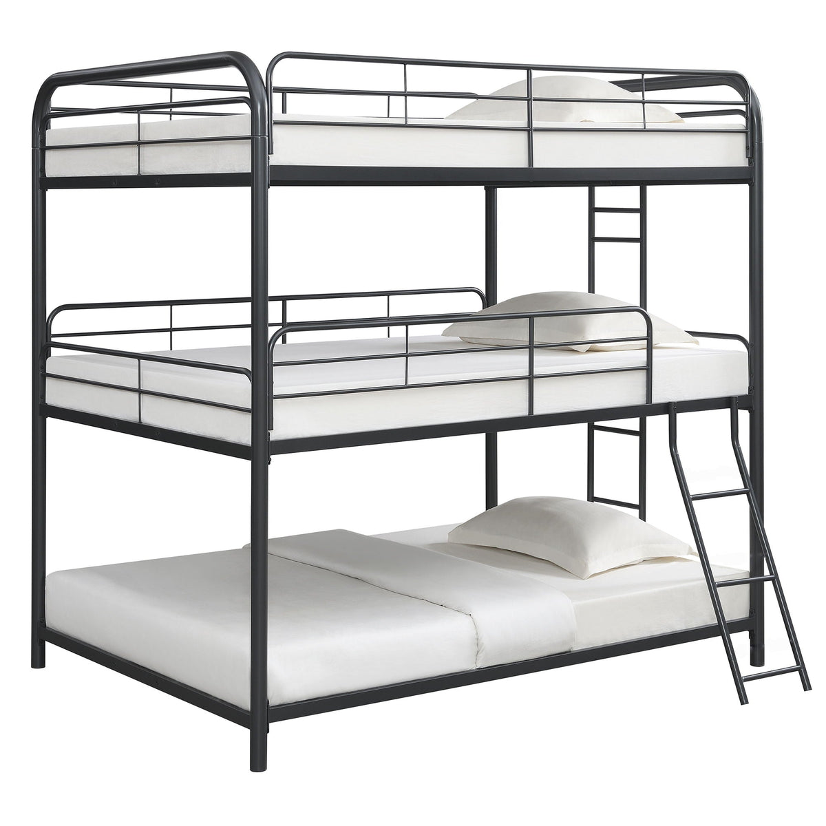 Triple bunk bed full metal frame in black with safe stairs and ladder, HouseOfZazla bunk bed on Tampa Home & Garden Store