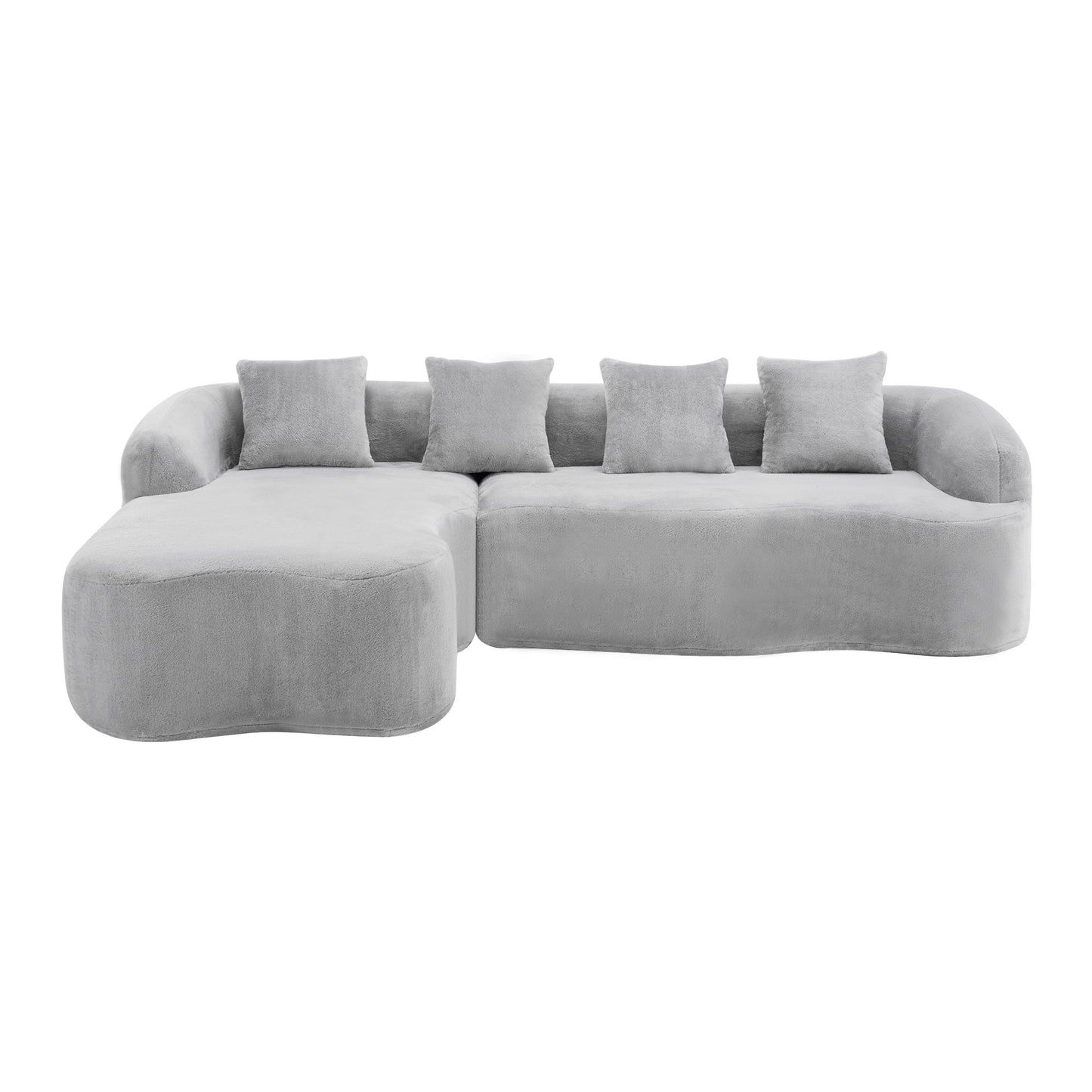 Modular L-shaped sectional sofa with curved chaise in light gray plush fabric, 5 cushions on Tampa Home & Garden Store