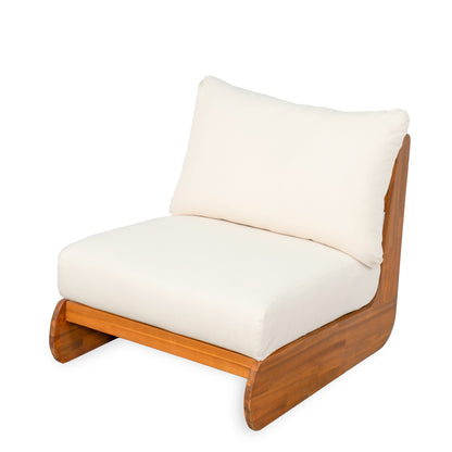 HouseOfZazla Outdoor Acacia Lazy 5 Seater Chat Set with white cushions and wooden frame on Tampa Home & Garden Store