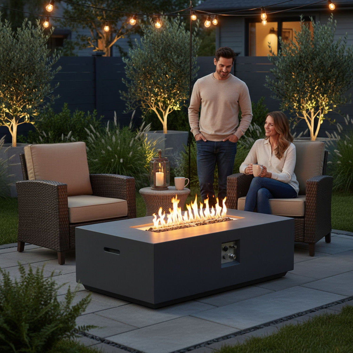 Rectangular fire pit table in light gray with 50,000 BTU, HouseOfZazla outdoor pit, patio setup on Tampa Home & Garden Store