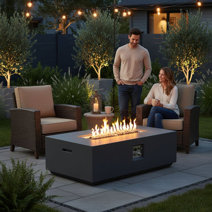 Rectangular fire pit table in light gray with 50,000 BTU, HouseOfZazla outdoor pit, patio setup on Tampa Home & Garden Store