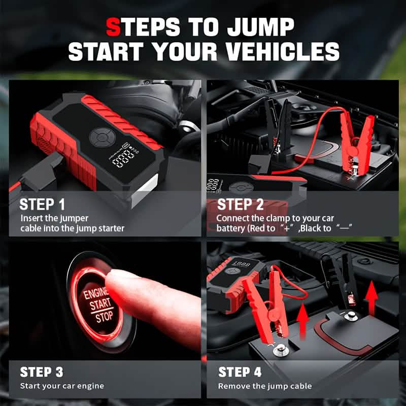 Portable 12V car jump starter with LED display, DailySale battery charger and air pump in red on Tampa Home & Garden Store