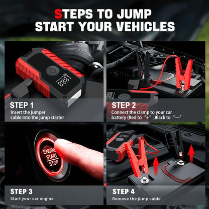 Portable 12V car jump starter with LED display, DailySale battery charger and air pump in red on Tampa Home & Garden Store