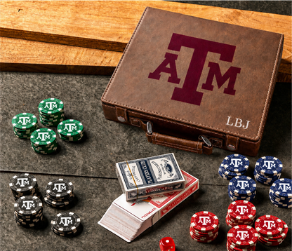 Texas A&M Leather Poker Set with 100 chips in brown case and mixed chip colors on Tampa Home & Garden Store