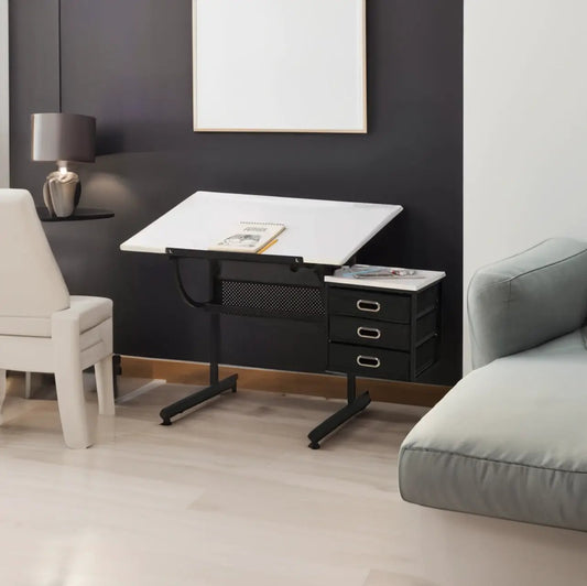 White adjustable drafting table with 3 drawers, black metal base, VIP Digital Presence drafting on Tampa Home & Garden Store