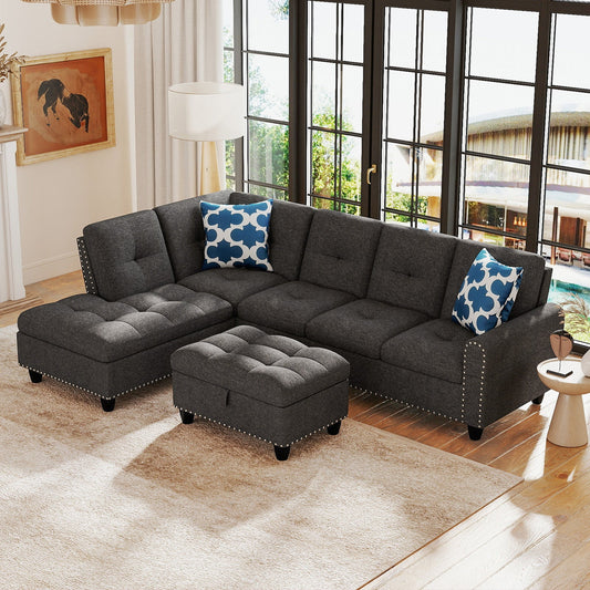 98 Inches Sectional Sofa Couch with Movable Storage Ottoman and Linen Fabric Backs - Tampa Home & Garden Store