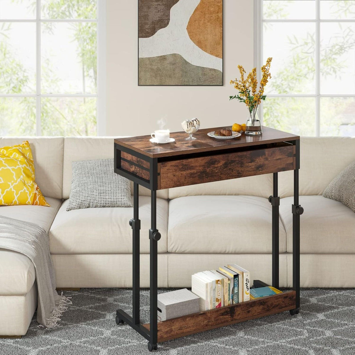Portable laptop desk with height-adjustable brown wood top and black metal frame on wheels on Tampa Home & Garden Store