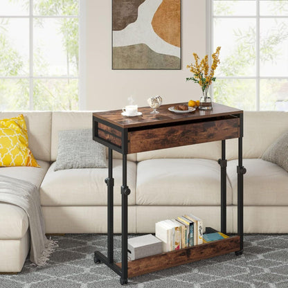 Portable laptop desk with height-adjustable brown wood top and black metal frame on wheels on Tampa Home & Garden Store