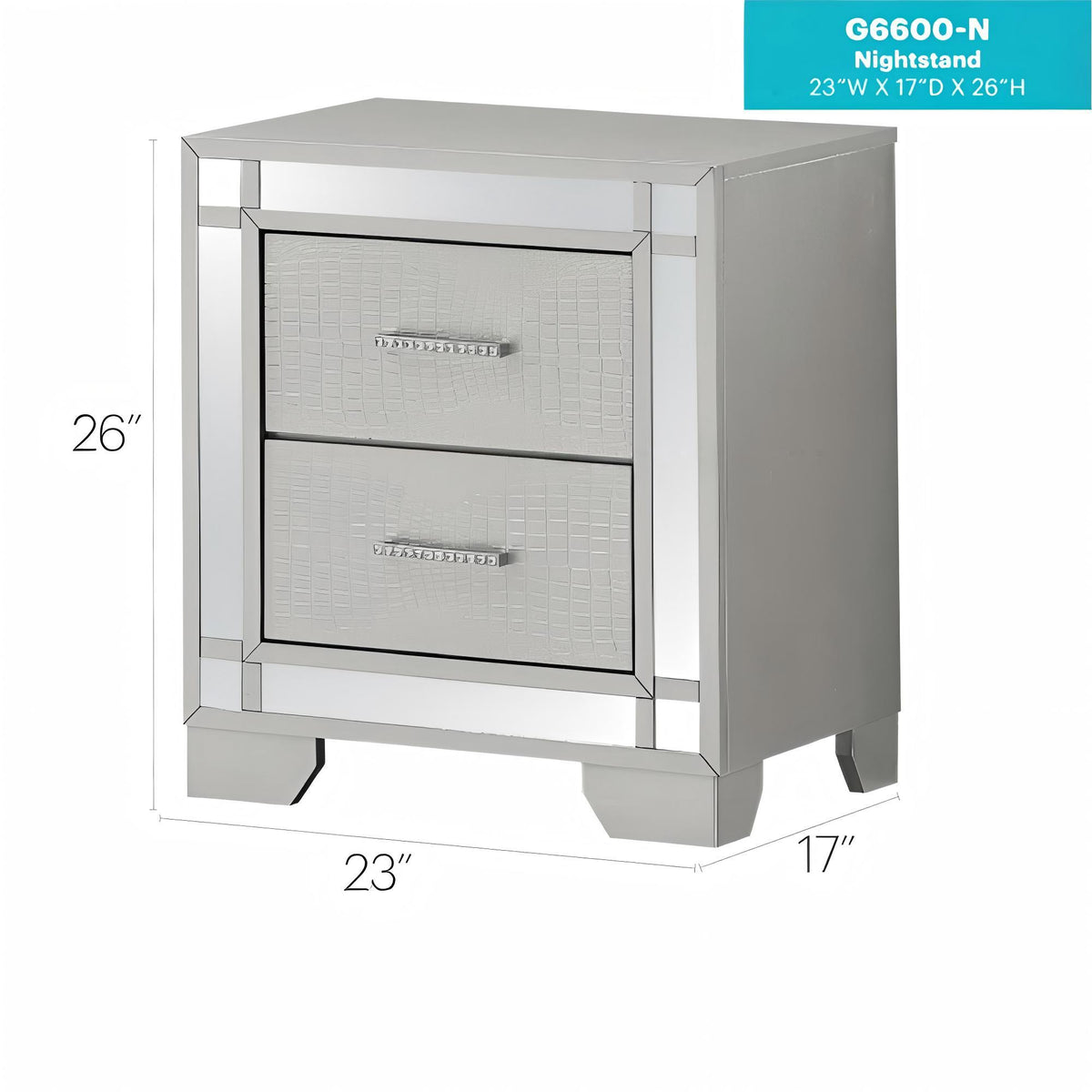 Madison silver champagne mirrored nightstand with crocodile-textured fronts and two drawers on Tampa Home & Garden Store
