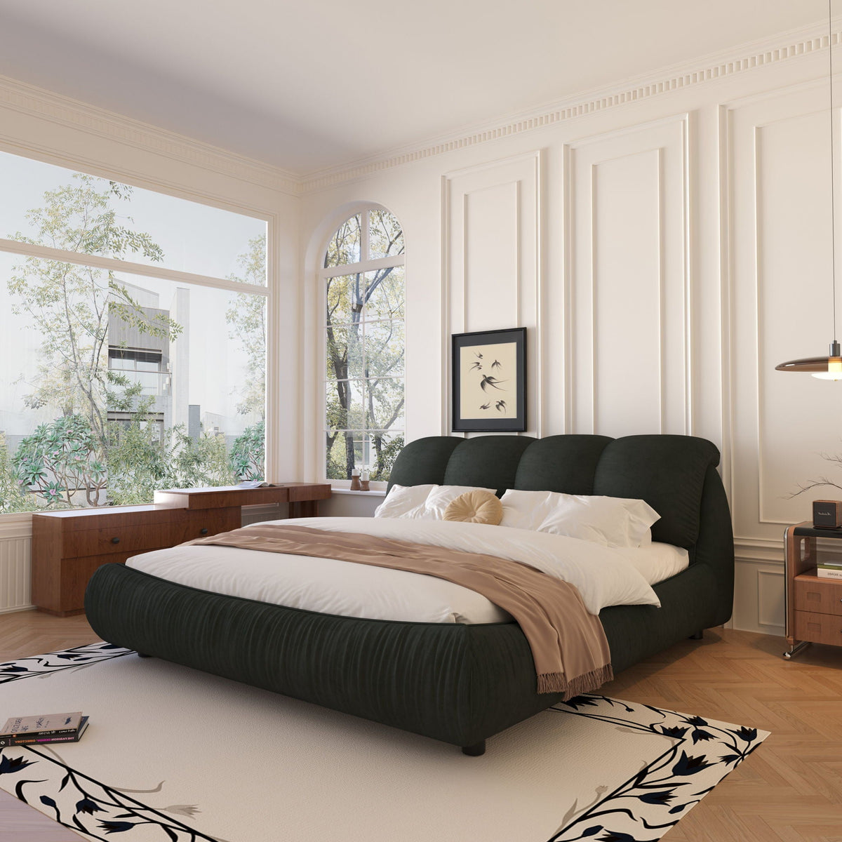 Luxury upholstered platform bed with large backrest and solid wood frame in green velvet on Tampa Home & Garden Store