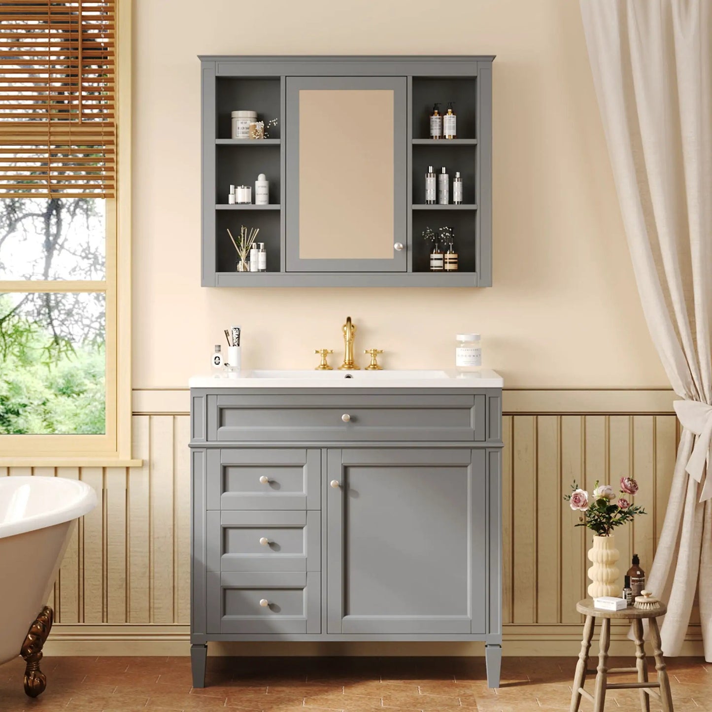 Bathroom vanity with mirror cabinet gray finish, single sink, 2 soft-closing doors and 4 drawers on Tampa Home & Garden Store
