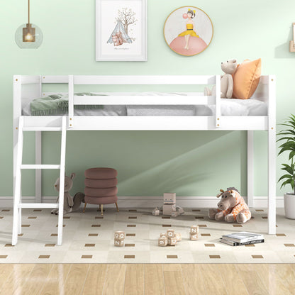 Low Loft Bed With Adjustable Ladder white wood frame in a pastel kid's room with wall art on Tampa Home & Garden Store