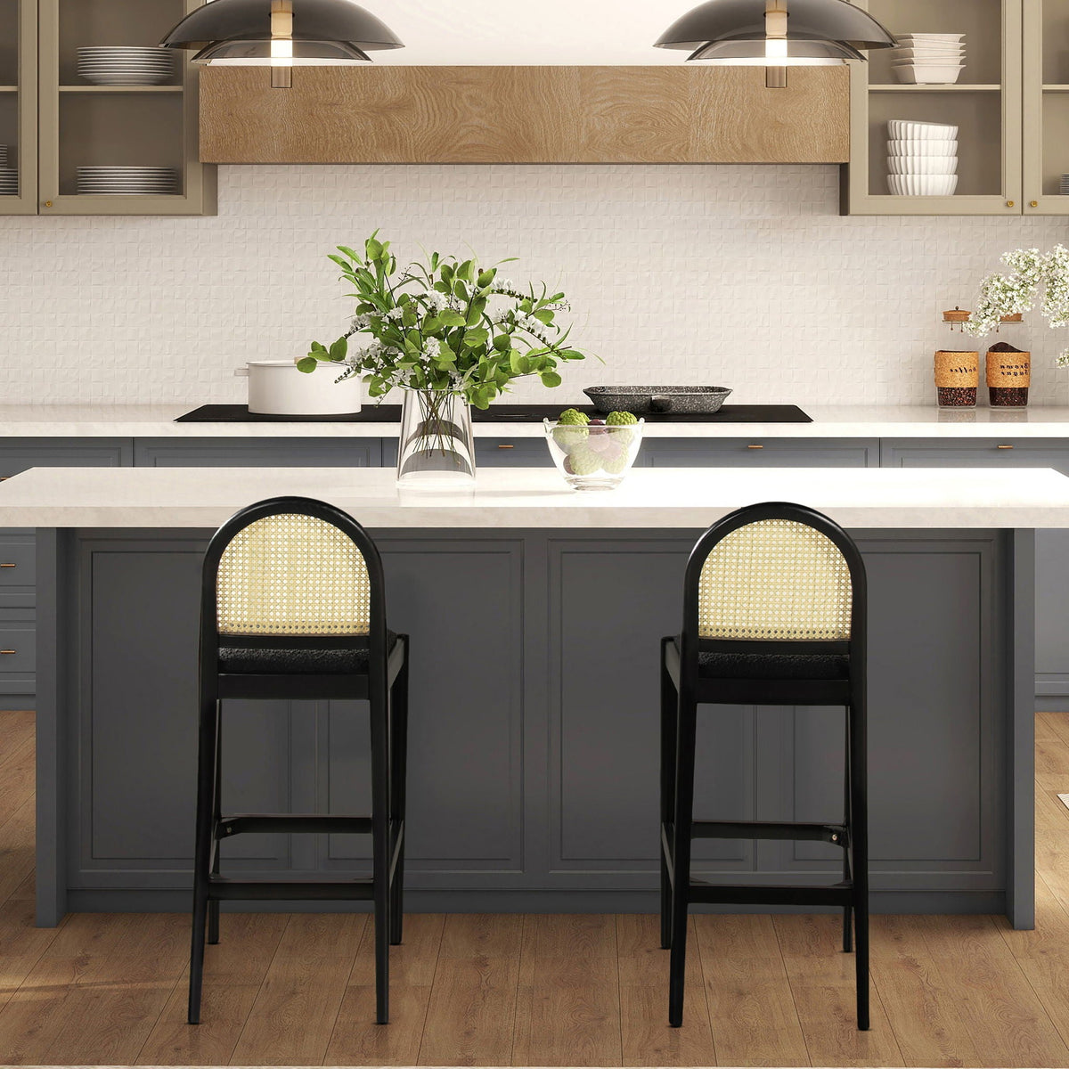 Curved Back Cane Bar Stools, black frame with natural cane webbing, set of 2 HouseOfZazla on Tampa Home & Garden Store