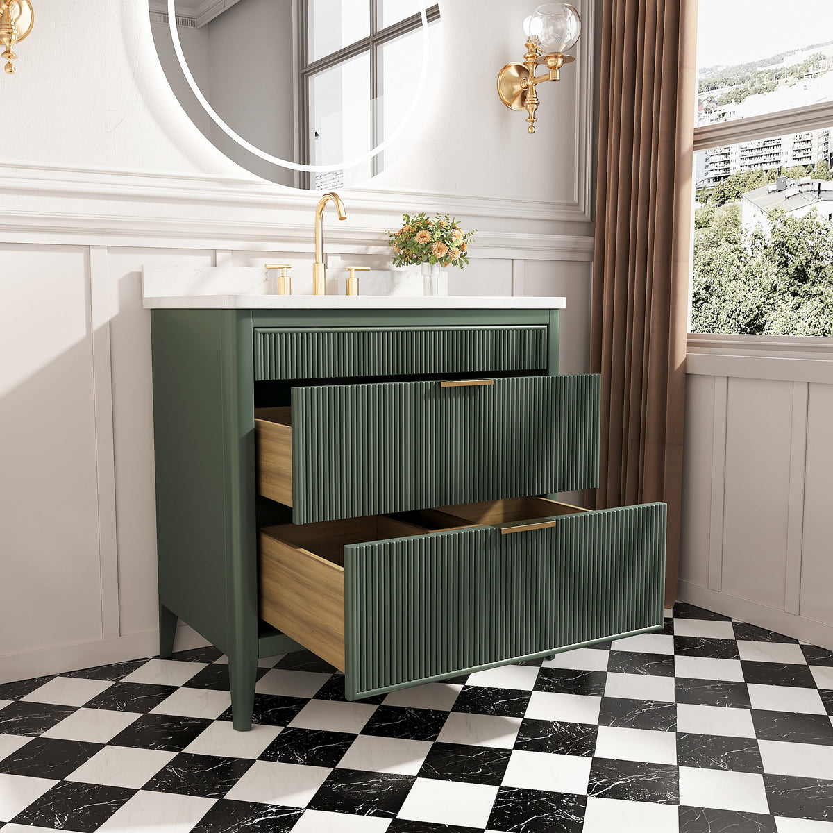 36 Inch wood bathroom vanity in grey with ribbed drawers and gold hardware HouseOfZazla on Tampa Home & Garden Store