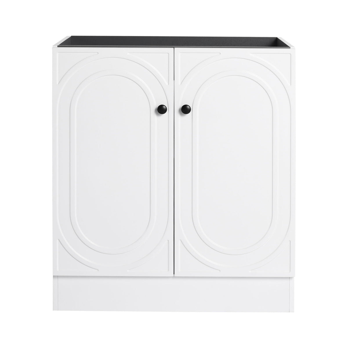 Freestanding white bathroom vanity with soft-close doors, black knobs, countertop on Tampa Home & Garden Store