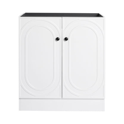 Freestanding white bathroom vanity with soft-close doors, black knobs, countertop on Tampa Home & Garden Store