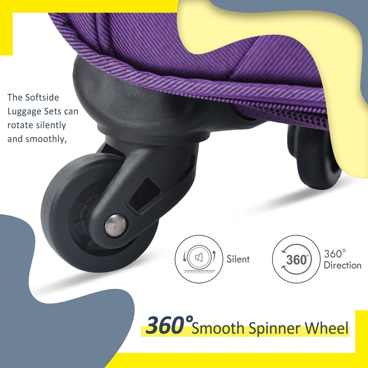 Softside luggage wheel closeup from a 3pc expandable set; purple strap and yellow accents on Tampa Home & Garden Store