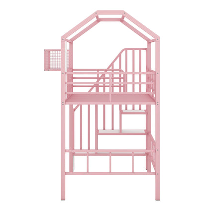 Pink metal loft bed with roof-frame design, guardrails, integrated ladder, and side storage box on Tampa Home & Garden Store