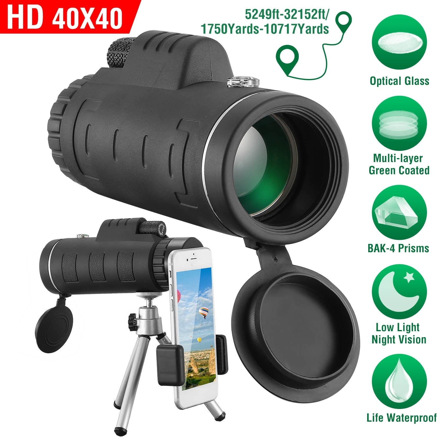 GemGear black 40x40 HD Optical Monocular Telescope with FMC lens and BAK-4 prisms on Tampa Home & Garden Store
