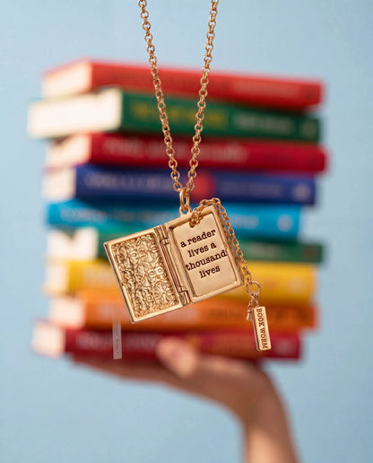 Book locket necklace by Alex and Ani goldtone with book pendant a reader lives a thousand lives on Tampa Home & Garden Store