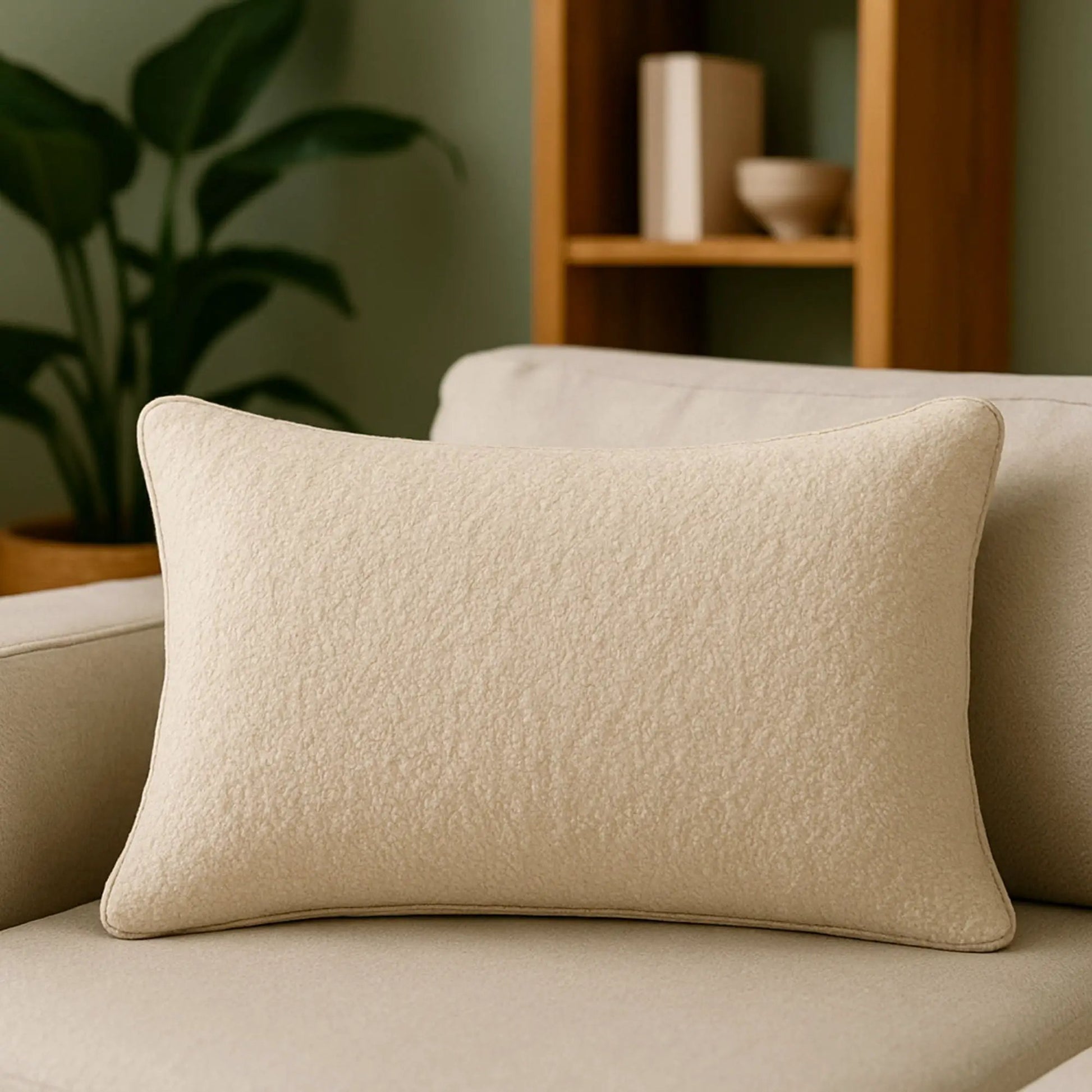 Homey Cozy textured throw pillow ivory by Unique Piece Furniture on beige couch on Tampa Home & Garden Store