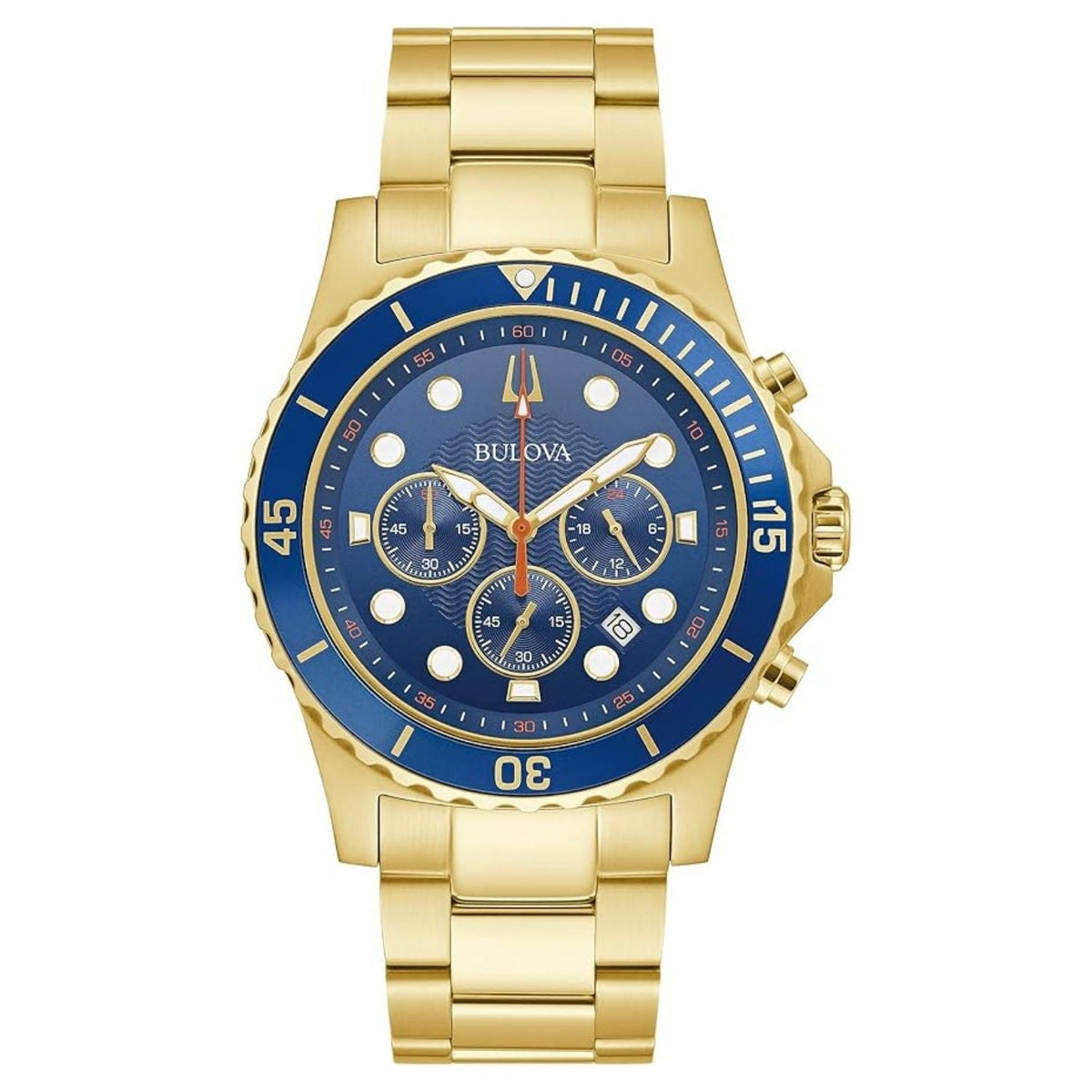 Bulova men's classic watch gold-tone with blue dial and bezel; chronograph subdials on Tampa Home & Garden Store