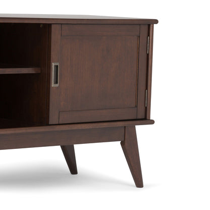 Handcrafted mid-century TV stand in dark walnut wood with a top drawer, cabinet storage, and tapered legs on Tampa Home & Garden Store
