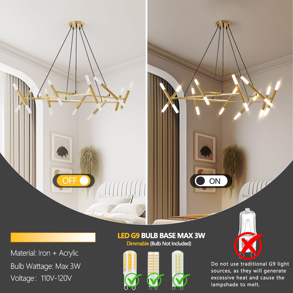 Chandelier 41' golden modern branch design with gold metal arms and white LED bulbs on Tampa Home & Garden Store