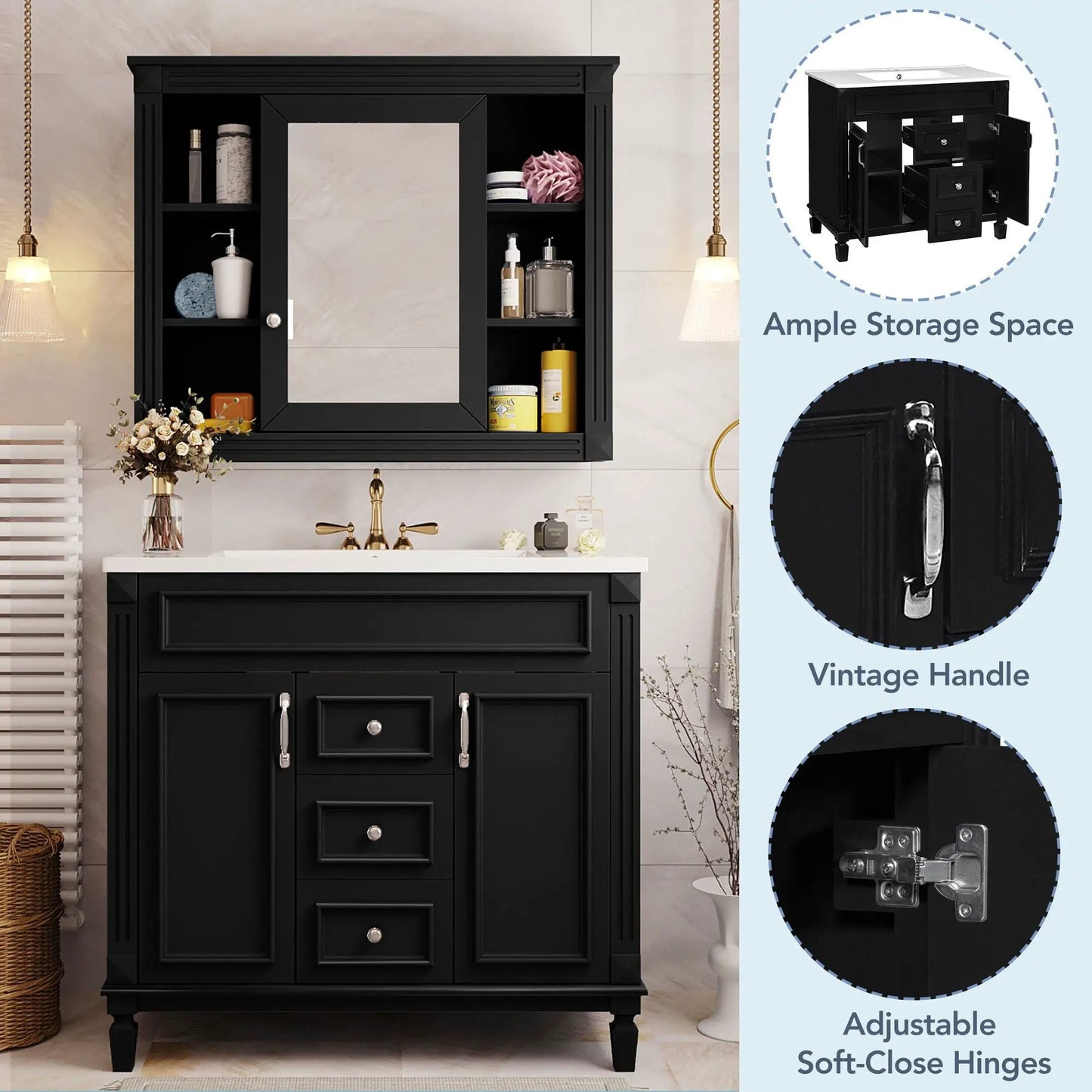 Black wood bathroom vanity with top sink, mirror cabinet, 2 soft-close doors and 2 drawers on Tampa Home & Garden Store