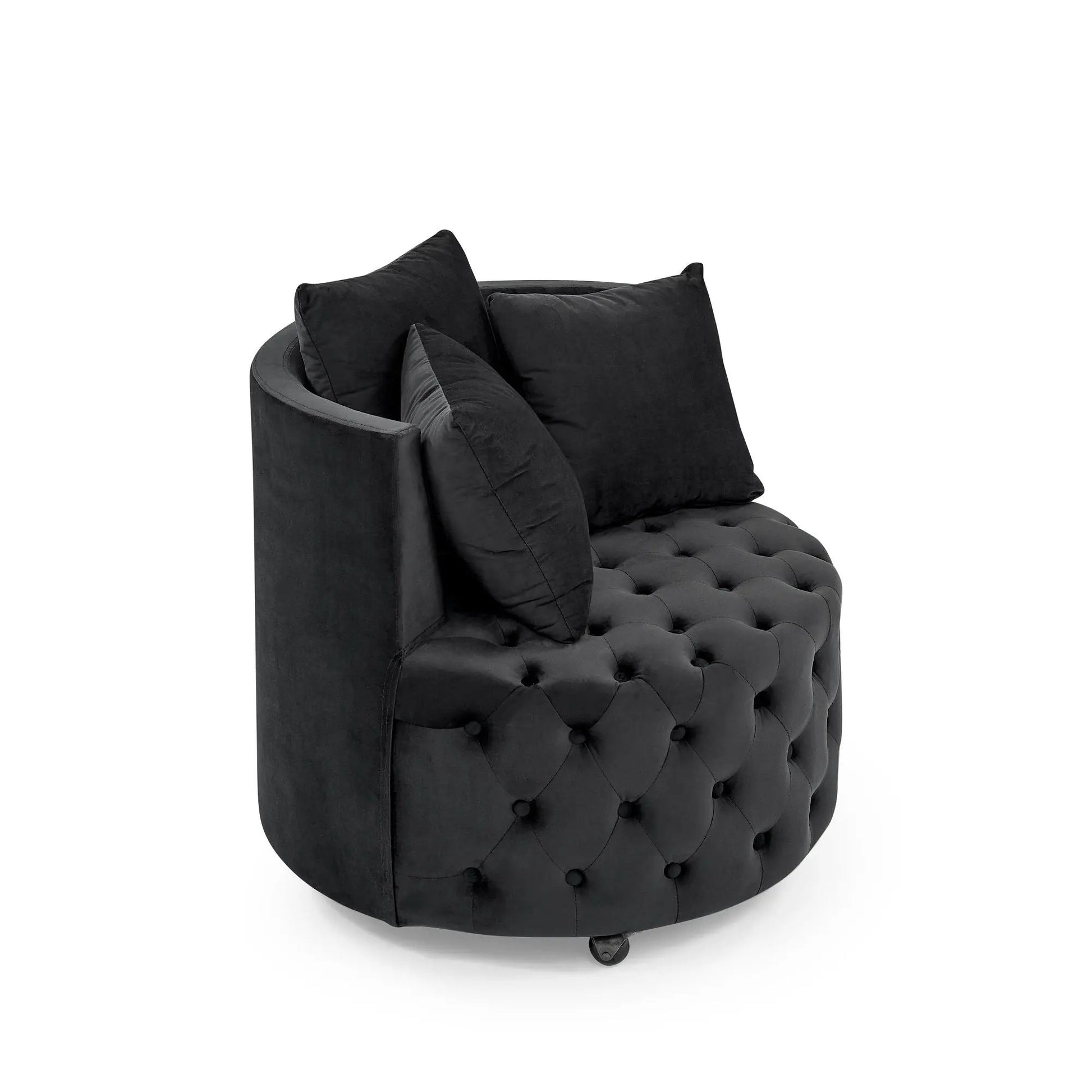 Modern upholstered swivel chair in black velvet with button tufting and caster wheels on Tampa Home & Garden Store