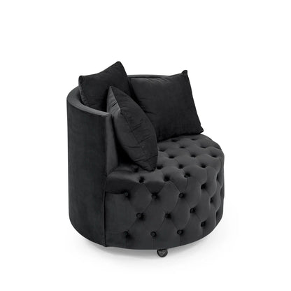 Modern upholstered swivel chair in black velvet with button tufting and caster wheels on Tampa Home & Garden Store