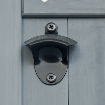 K&K Outdoor Kitchen Island hardware close-up on gray wood panel with black handle on Tampa Home & Garden Store