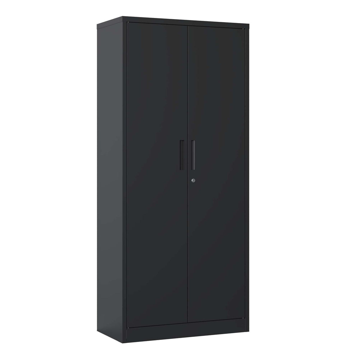 Steel garage storage cabinet with adjustable shelves and lock, black two-door unit on Tampa Home & Garden Store