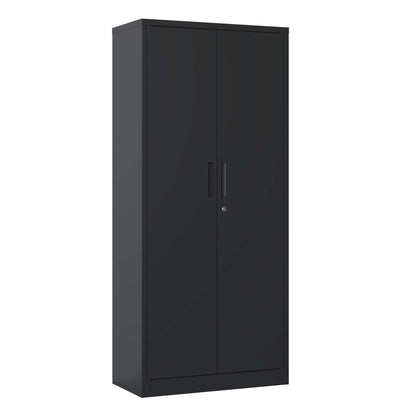 Steel garage storage cabinet with adjustable shelves and lock, black two-door unit on Tampa Home & Garden Store