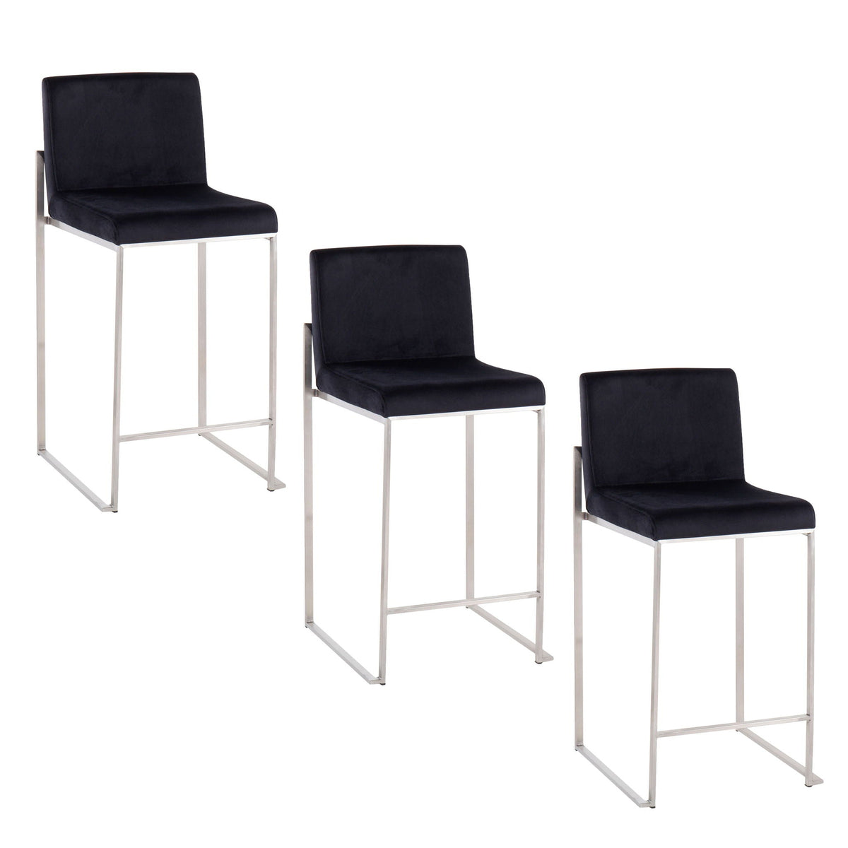 Contemporary high-back counter stool with padded black backrest and chrome frame; set of 3 on Tampa Home & Garden Store