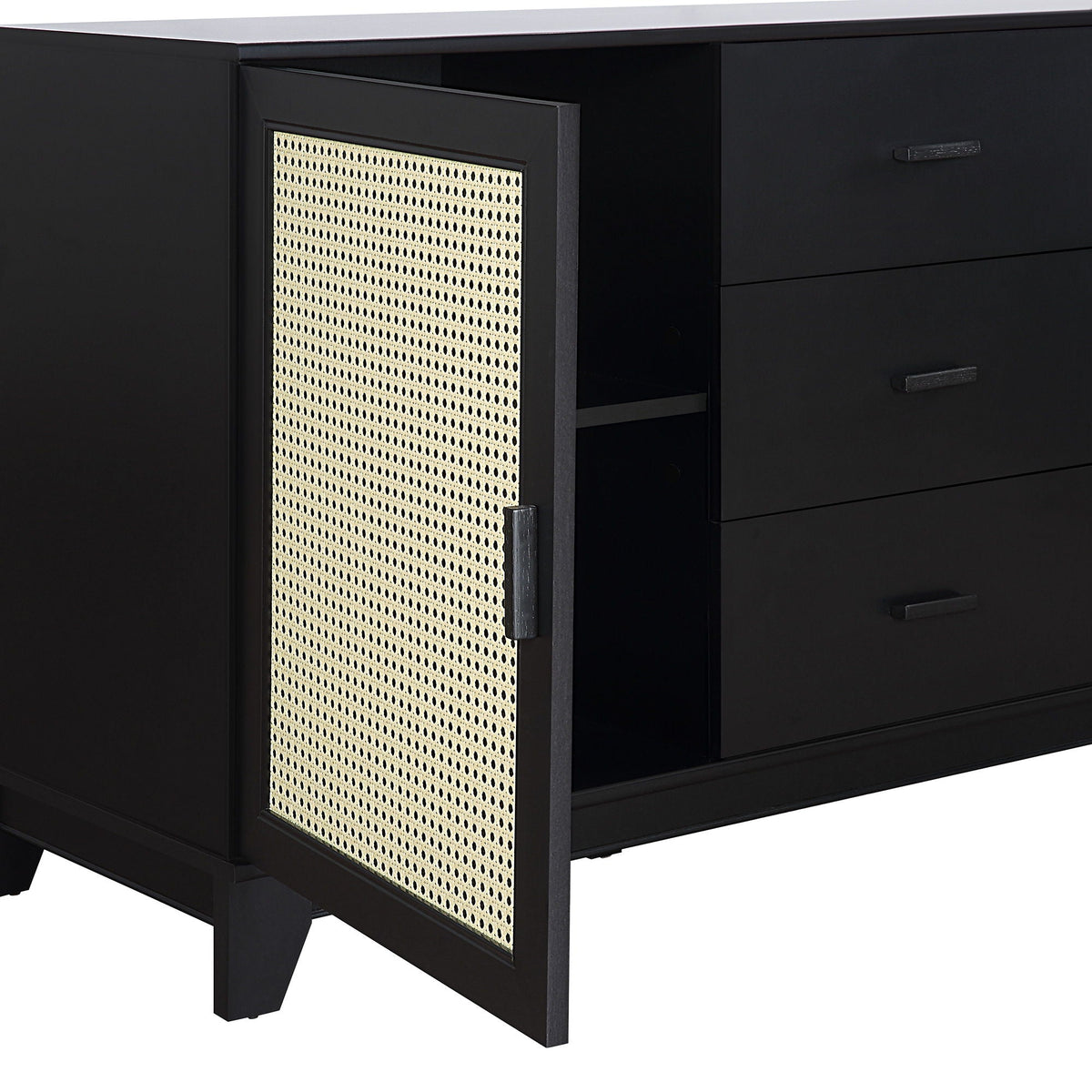 Modern Cane Sideboard by HouseOfZazla in black with woven cane panel and solid wood handles on Tampa Home & Garden Store