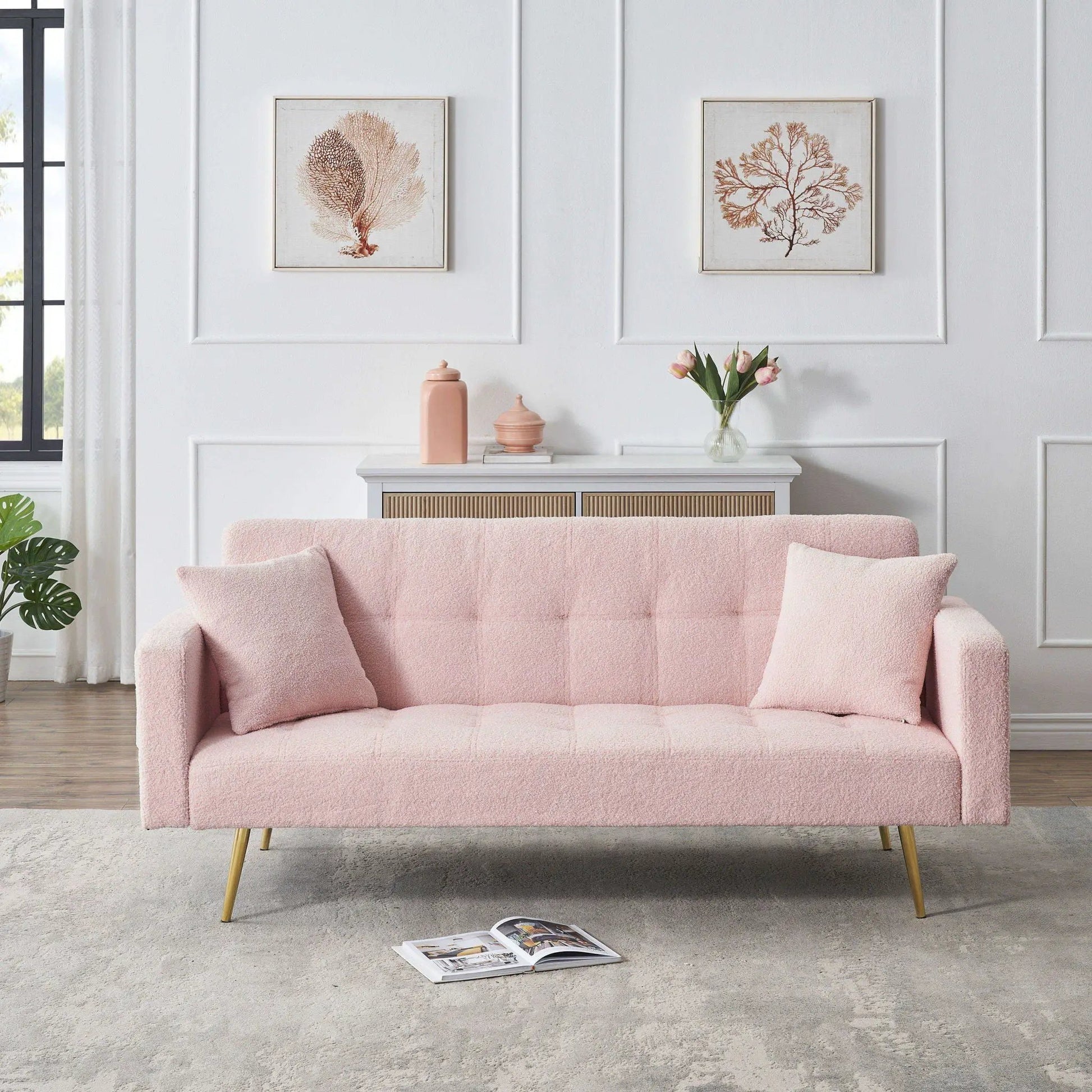 Teddy fleece futon sofa bed in pink with luxurious throw pillows, Unique Piece Furniture on Tampa Home & Garden Store