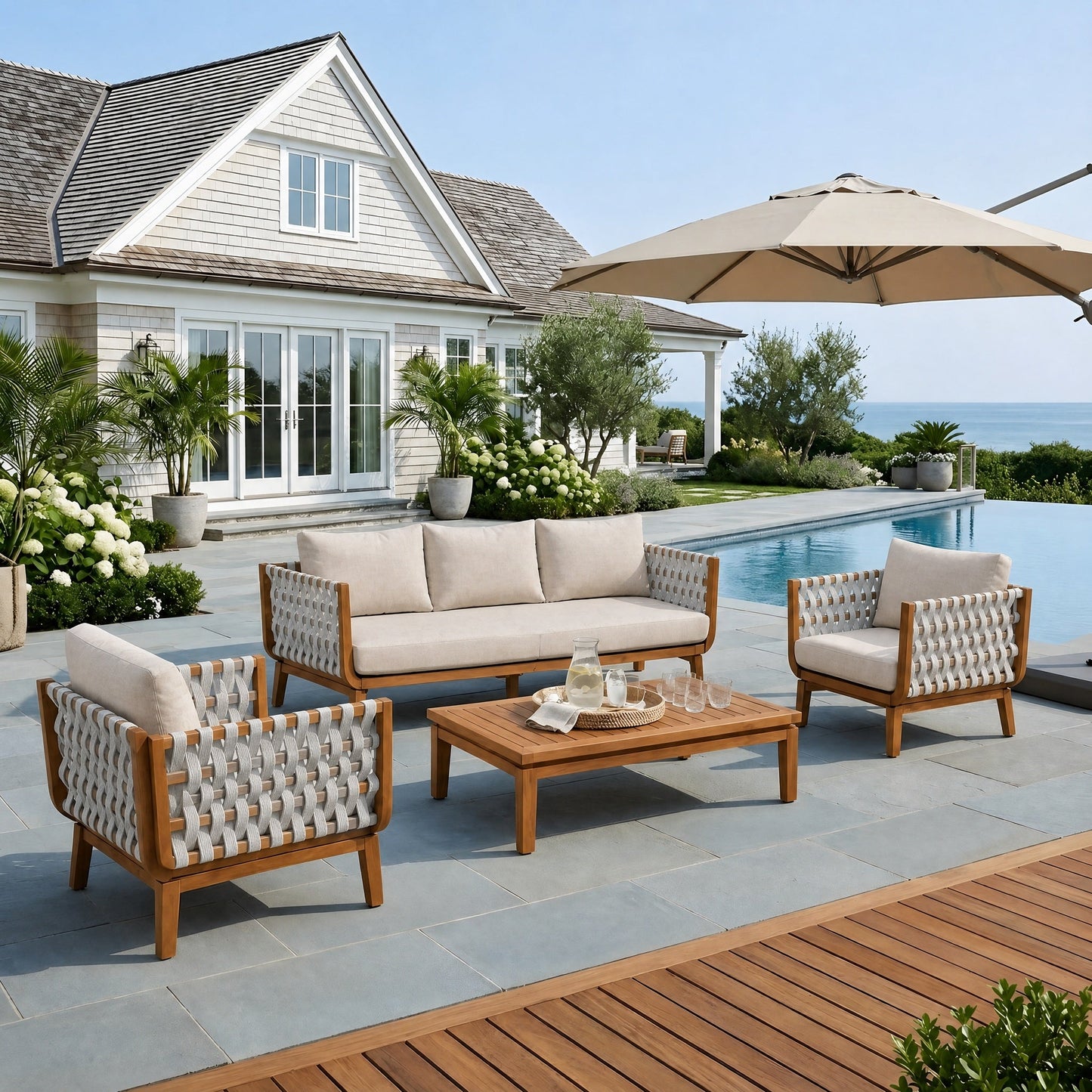 4-Piece outdoor patio furniture set with beige cushions and woven rope seating, wood frames on Tampa Home & Garden Store