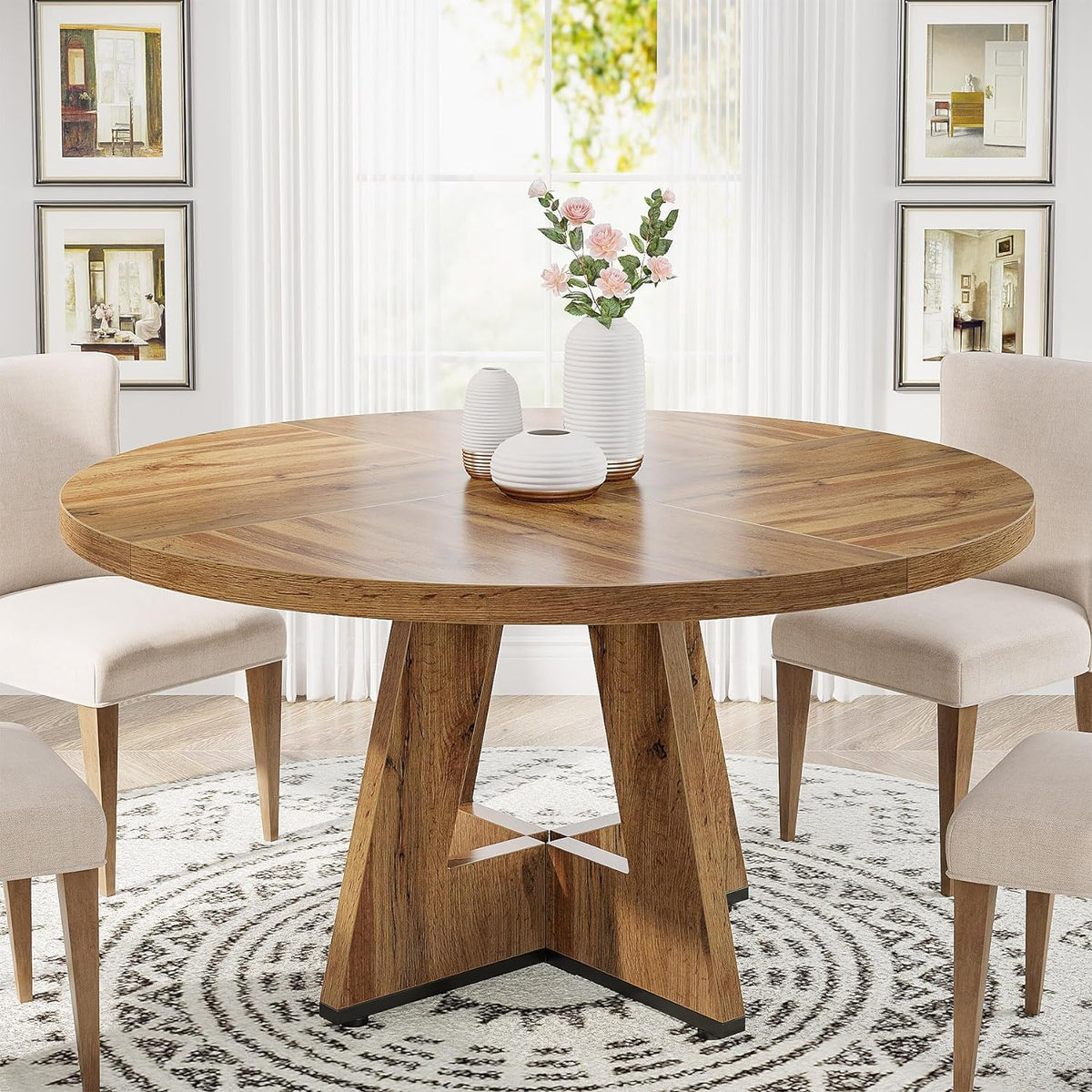 Round Dining Cross Base Kitchen Table by HouseOfZazla with warm wood finish on Tampa Home & Garden Store