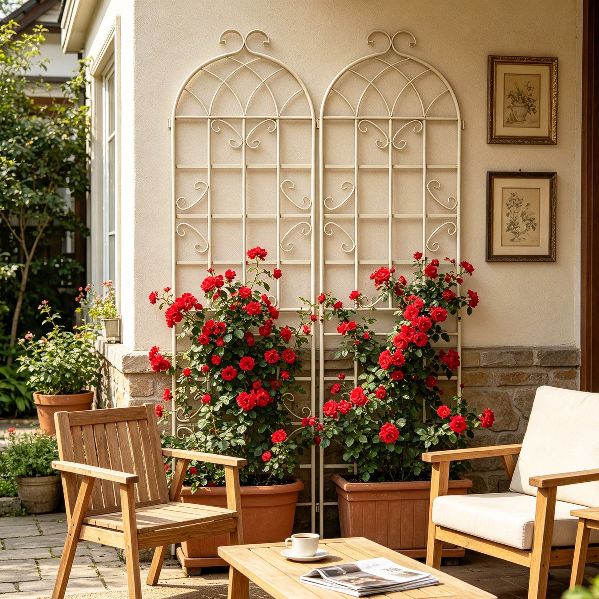 Metal garden rustproof trellis pair for climbing plants, cream finish with scrolls on Tampa Home & Garden Store