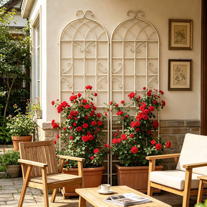 Metal garden rustproof trellis pair for climbing plants, cream finish with scrolls on Tampa Home & Garden Store