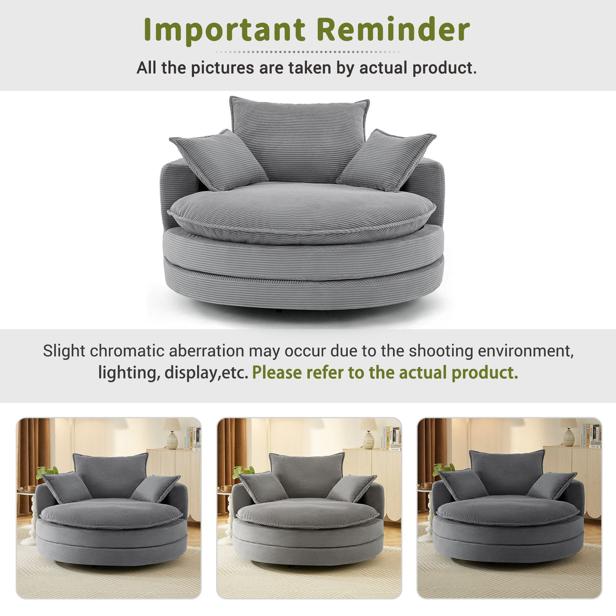 Swivel barrel chair by HouseOfZazla in gray corded fabric with three cushions on Tampa Home & Garden Store