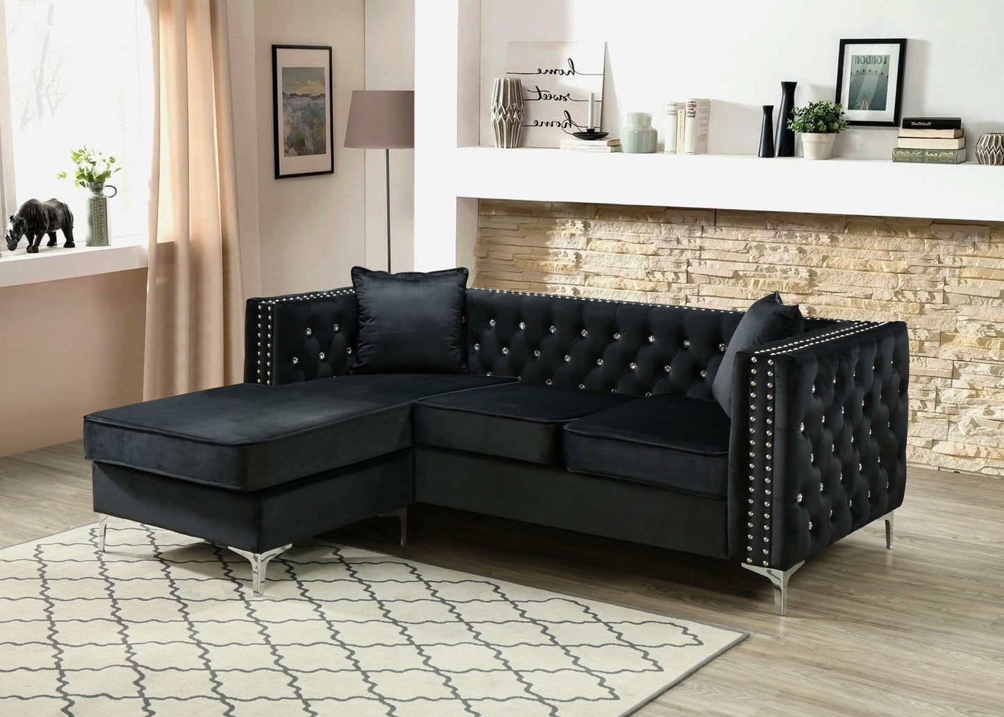 Paige Sofa Chaise and Elegant Tufted Steel Legs