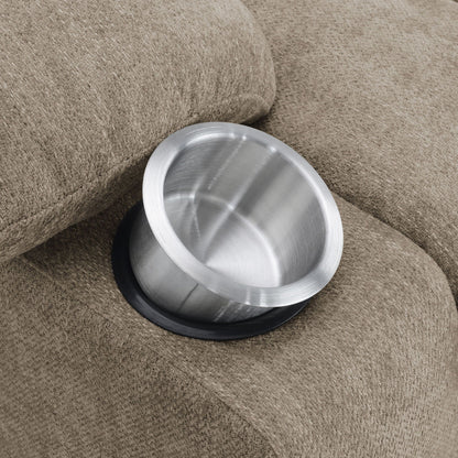Upholstered lift chair base with circular brushed metal footplate on beige carpet on Tampa Home & Garden Store