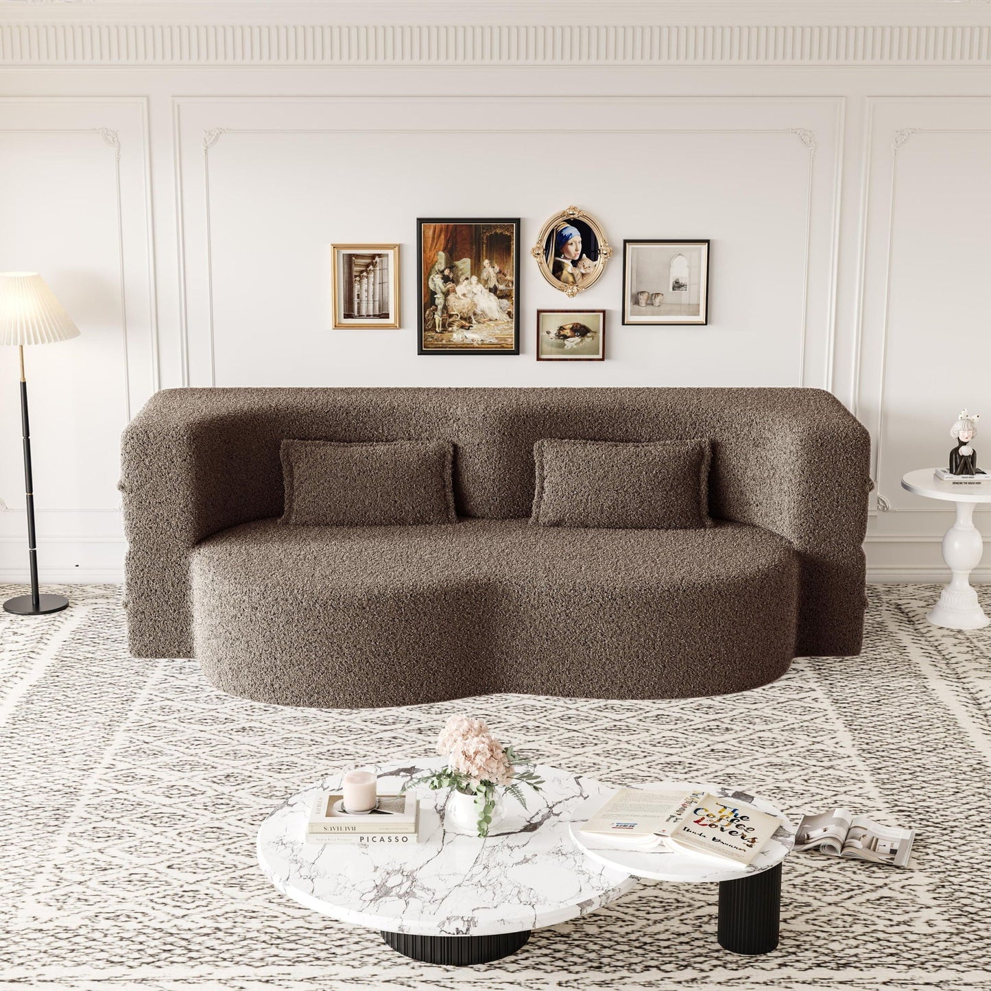 Modern floor futon sofa in brown teddy fabric with two pillows and two marble coffee tables on Tampa Home & Garden Store